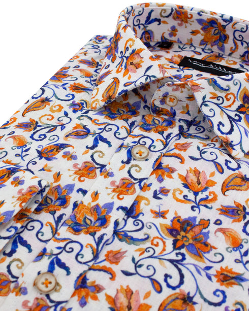 Orange Floral Cotton-Linen Shirt